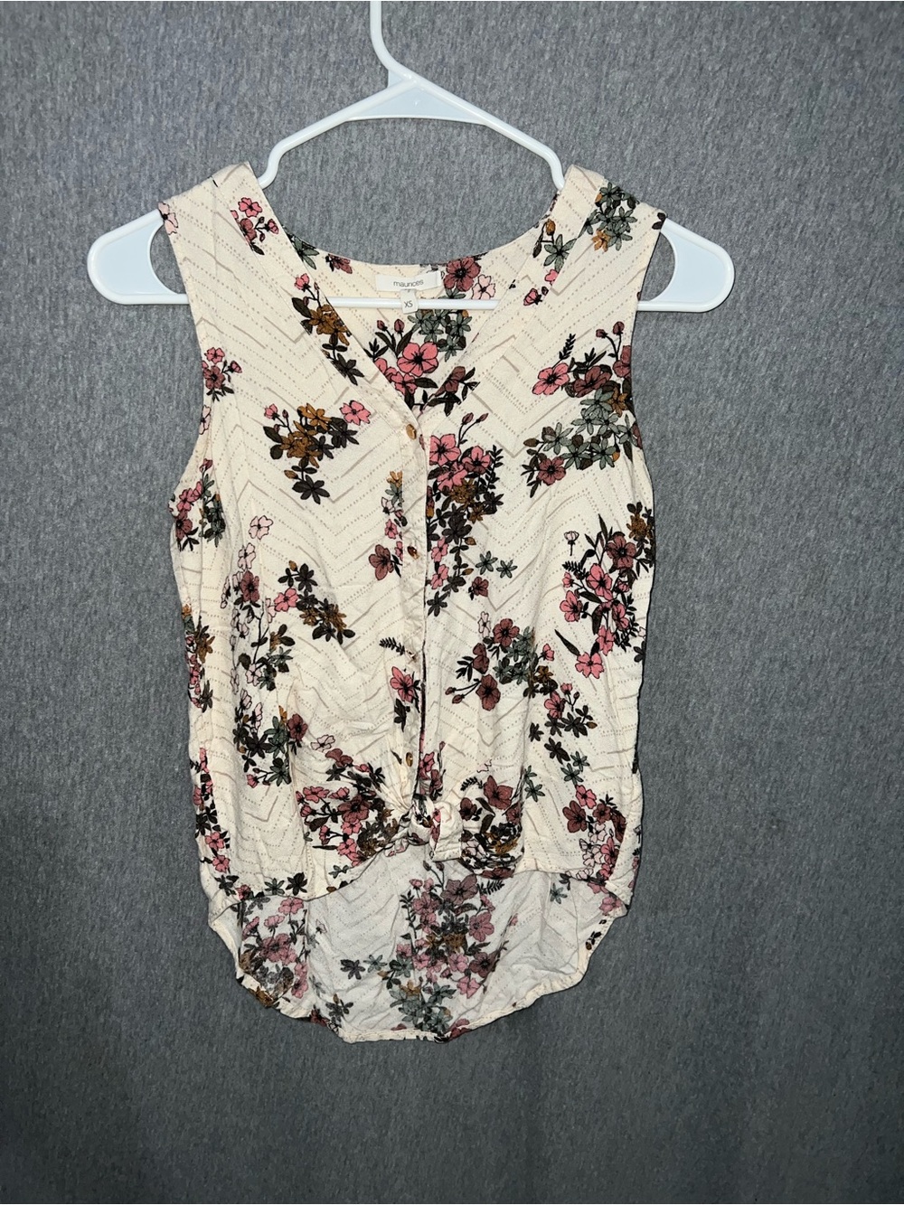 Maurices Cream Floral Knot-Front Sleeveless Blouse XS Pink Cream Boho Top